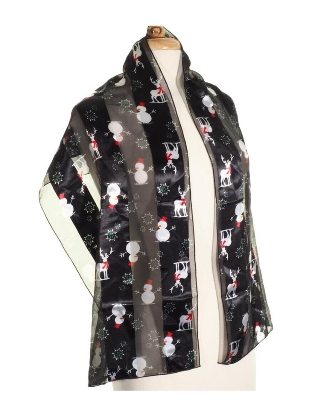 Women Neck Scarf Snowman Reindeer Sheer Stripe Black White Red Rectangle 59 x 13